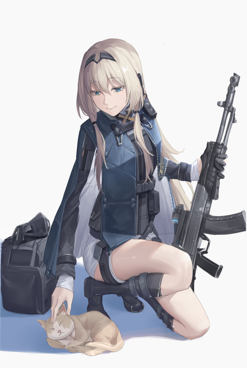 1girl an-94 an-94_(girls'_frontline) assault_rifle bag blonde_hair blue_eyes boots cat commentary_request full_body girls_frontline gloves gun hair_between_eyes hairband highres holding holding_gun holding_weapon jacket looking_down mod3_(girls'_frontline) one_knee petting rifle senkou_(dwrp3257) simple_background single_glove smile solo weapon