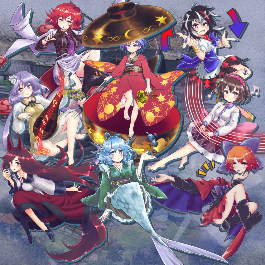 6+girls :p bangs barefoot bowl bowl_hat brown_hair carbohydrate_(asta4282) double_dealing_character hat highres horikawa_raiko imaizumi_kagerou kijin_seija looking_at_viewer mermaid monster_girl multiple_girls musical_note parted_lips redhead sekibanki sitting smile sukuna_shinmyoumaru toes tongue tongue_out touhou tsukumo_benben tsukumo_yatsuhashi wakasagihime