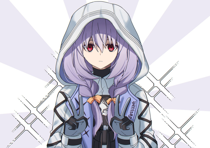 1girl atsuko_(blue_archive) bangs black_gloves blue_archive bow braid bulletproof_vest commentary double_v expressionless gloves hair_between_eyes hair_bow hair_ribbon highres hooded_coat long_hair long_sleeves looking_at_viewer low_twintails okaarii purple_hair red_eyes ribbon sidelocks simple_background solo symbol-only_commentary twin_braids twintails two-tone_gloves v white_hood