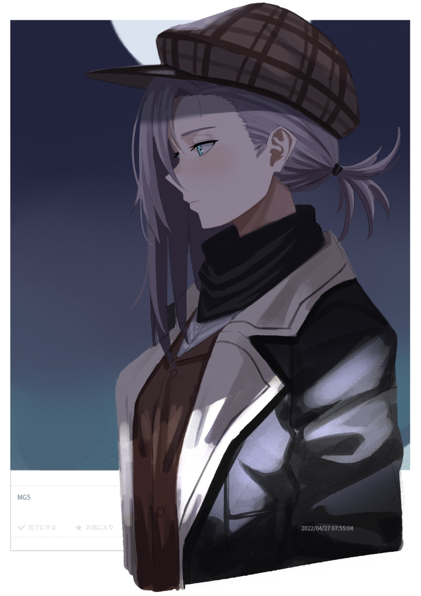 1girl blue_eyes character_name coat dated expressionless from_side girls_frontline grey_hair hair_over_one_eye hat highres long_hair mado_mdmbx_(wjjj5485) mg5_(call_of_the_hunter)_(girls'_frontline) mg5_(girls'_frontline) moon official_alternate_costume outdoors ponytail profile scarf solo upper_body