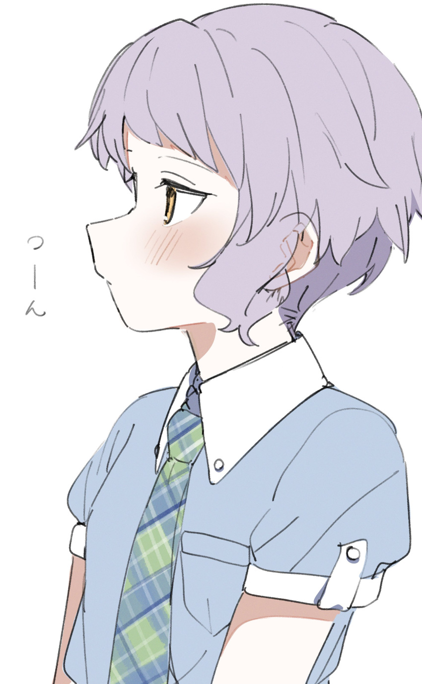 1girl absurdres bangs blue_shirt blush breast_pocket breasts check_commentary checkered_necktie commentary_request highres idolmaster idolmaster_cinderella_girls looking_away makabe_mizuki meeeeeeco359 necktie pocket profile purple_hair serious shirt short_hair short_sleeves sidelocks small_breasts solo upper_body wavy_hair white_background wing_collar yellow_eyes