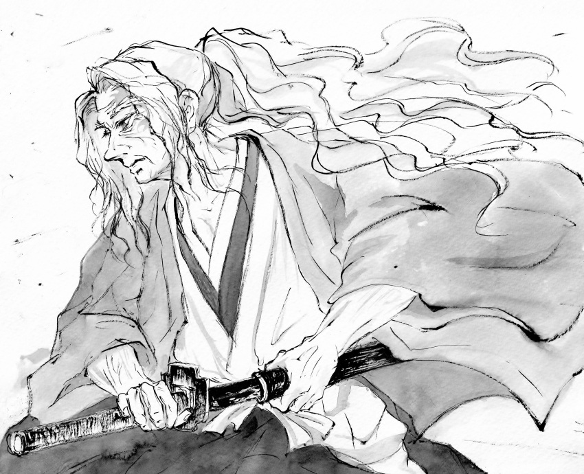 1boy absurdres commentary_request cpctbepfk4l2gax facial_mark floating_hair from_side greyscale haori highres japanese_clothes katana kimetsu_no_yaiba kimono long_hair looking_away male_focus monochrome old old_man ponytail profile sheath simple_background solo spoilers sword traditional_media tsugikuni_yoriichi unsheathing upper_body very_long_hair weapon wrinkled_skin
