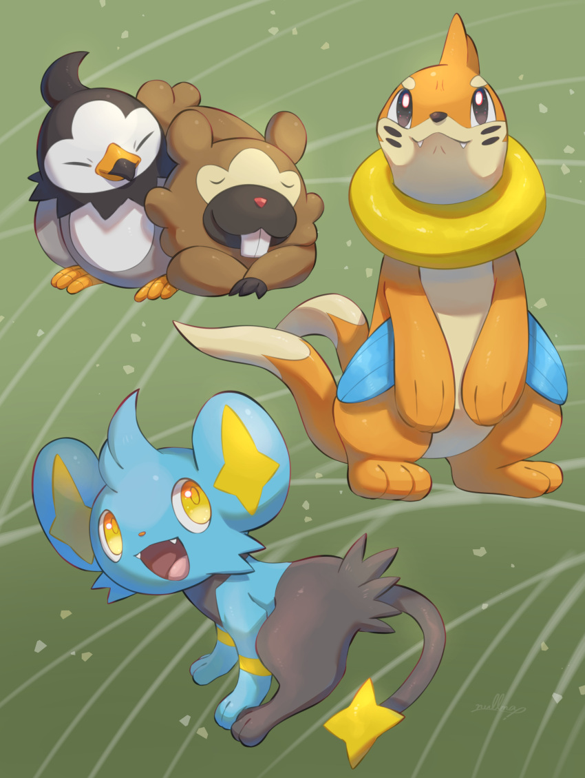 :3 :d ^_^ absurdres artist_name bidoof black_eyes buck_teeth buizel claws closed_eyes closed_mouth commentary_request fangs fangs_out green_background highres looking_at_viewer looking_back no_humans nullma open_mouth pokemon pokemon_(creature) shinx signature simple_background sleeping smile standing starly teeth tongue yellow_eyes