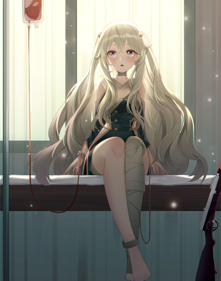 1girl assault_rifle bandaged_leg bandages barefoot blood blood_bag blue_dress commentary_request dress full_body girls_frontline gun hair_between_eyes highres indoors intravenous_drip kimi_(jxrm5387) long_hair looking_at_viewer on_bed open_mouth ribeyrolles_(girls'_frontline) ribeyrolles_1918 rifle sidelocks sitting solo twintails very_long_hair weapon white_hair window