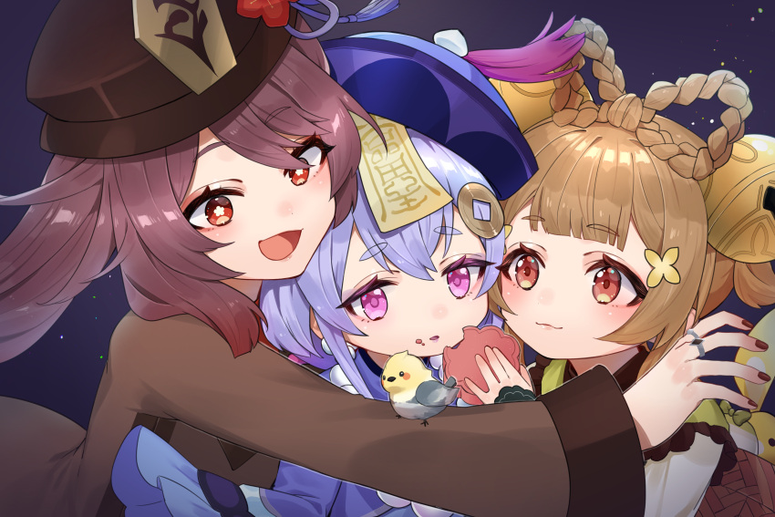 3girls absurdres bell bird brown_hair chinese_clothes commentary_request genshin_impact hair_ornament highres hu_tao_(genshin_impact) jingle_bell light_brown_hair long_hair long_sleeves looking_at_viewer multiple_girls orange_eyes purple_hair qiqi_(genshin_impact) red_eyes sandwiched tutimaru0730 violet_eyes yaoyao_(genshin_impact)