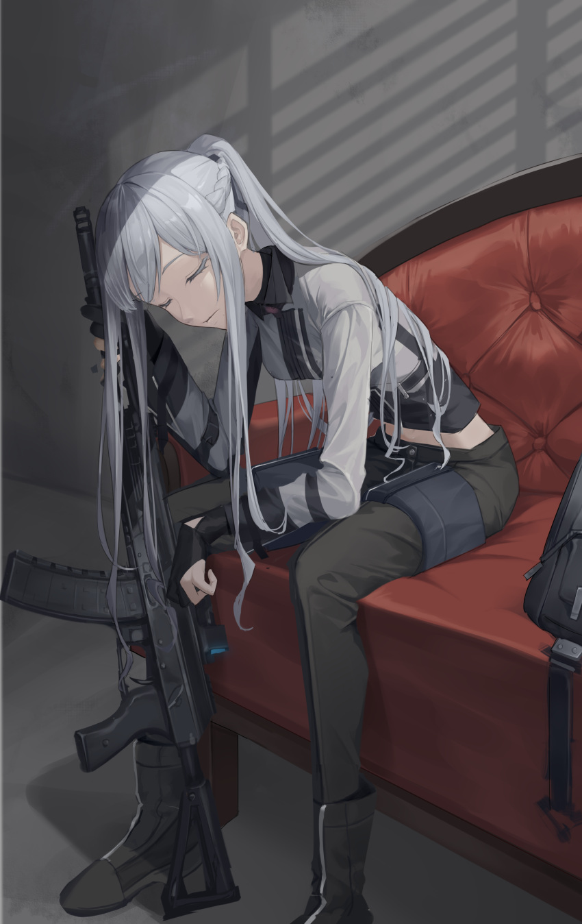 1girl absurdres ak-12 ak-12_(girls'_frontline) assault_rifle black_gloves black_pants boots closed_eyes commentary_request couch elbow_on_knee expressionless foot_out_of_frame girls_frontline gloves grey_hair grey_shirt gun highres holding holding_gun holding_weapon indoors kalashnikov_rifle leaning_forward long_hair long_sleeves midriff pants partially_fingerless_gloves ponytail rifle senkou_(dwrp3257) shirt sidelocks sitting solo weapon
