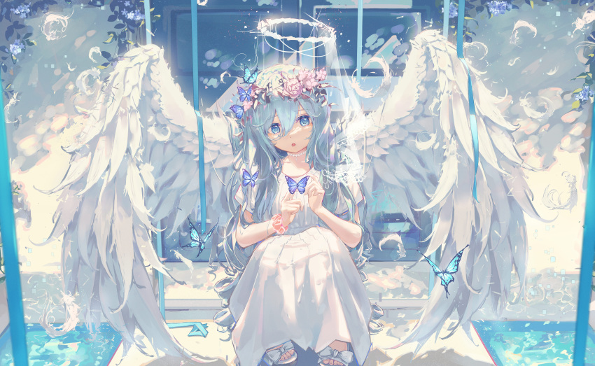 1girl :o absurdres angel angel_wings blue_butterfly blue_eyes blue_flower blue_hair blue_ribbon bow bug butterfly commentary_request dress feathered_wings feathers flower flower_necklace flower_wreath footwear_bow full_body fuunyon hair_between_eyes halo head_wreath highres long_hair looking_at_animal open_mouth original partial_commentary pink_flower pink_scrunchie ribbon sandals scrunchie short_sleeves solo squatting toenails water white_bow white_dress white_footwear white_wings wings