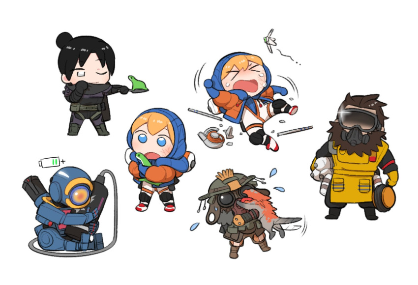 &gt;_&lt; 1other 2boys 2girls ambiguous_gender animification apex_legends black_bodysuit black_footwear black_hair blonde_hair bloodhound_(apex_legends) blue_bodysuit blue_eyes blush bodysuit bowwow_(hamju94) brown_hair cable caustic_(apex_legends) chibi creature crying frying_pan gas_mask gas_tank glint gloves goggles grey_eyes hack_(apex_legends) hair_bun hair_slicked_back hazmat_suit head_tilt helmet highres holding holding_frying_pan hood hooded_bodysuit humanoid_robot leaning_back mask multiple_boys multiple_girls nessie_(respawn) one_eye_closed open_mouth orange_eyes pathfinder_(apex_legends) prowler_(titanfall) rebreather ribbed_bodysuit robot single_hair_bun sitting slipping wattson_(apex_legends) white_bodysuit wraith_(apex_legends) yellow_gloves