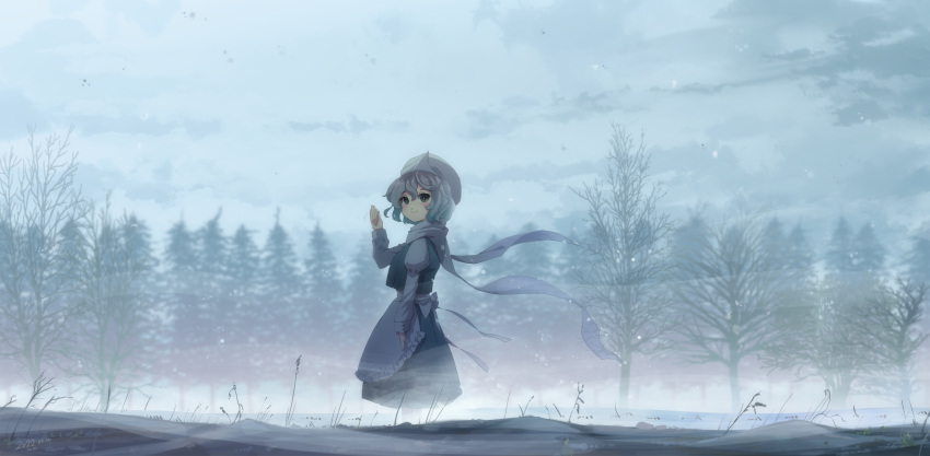 1girl absurdres bare_tree blue_eyes blue_skirt blue_vest closed_mouth dated from_side grey_hair hat highres letty_whiterock long_sleeves noumin_joemanyodw scarf shirt short_hair signature skirt smile solo touhou tree vest white_headwear white_scarf white_shirt