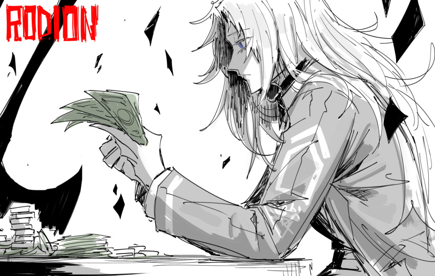 1girl blue_hair character_name coat holding holding_money kankan33333 light_frown limbus_company long_hair long_sleeves looking_at_object money money_stack non-web_source project_moon rodion_(limbus_company) sitting sketch solo spot_color