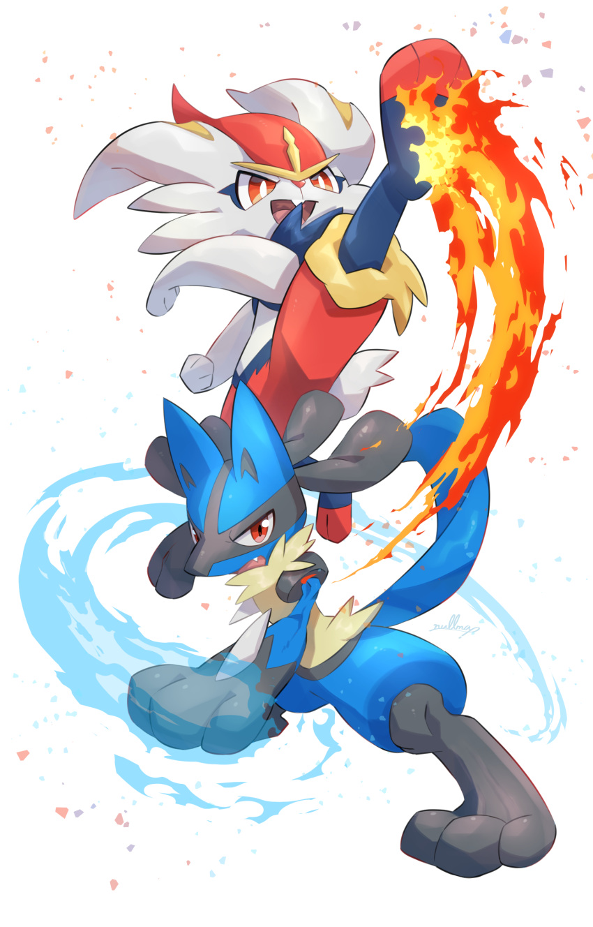:d absurdres artist_name attack bright_pupils cinderace commentary_request energy fang fighting_stance fire flying_kick full_body highres kicking leg_up looking_at_viewer lucario no_humans nullma open_mouth pokemon pokemon_(creature) red_eyes signature simple_background smile spikes standing teeth tongue upper_teeth_only v-shaped_eyebrows white_background white_pupils