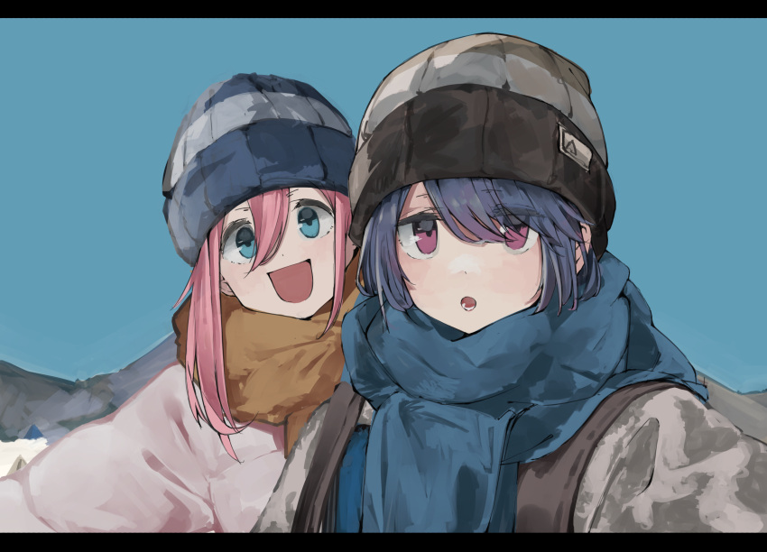 2girls asymmetrical_hair backpack bag bangs beanie blue_eyes blue_hair blue_scarf blue_sky brown_scarf hair_between_eyes hair_over_one_eye hat head_tilt highres kagamihara_nadeshiko leadin_the_sky light_blush long_hair looking_at_viewer mountainous_horizon multiple_girls open_mouth pink_hair scarf shima_rin sidelocks sky smile violet_eyes yurucamp