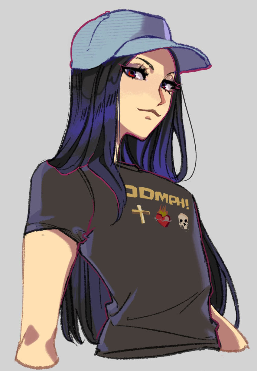 1other alternate_costume androgynous baseball_cap black_hair black_shirt blue_headwear cross dungeonbgm emoji grey_background guilty_gear guilty_gear_strive hat heart highres latin_cross long_hair looking_at_viewer other_focus red_eyes shirt skull t-shirt testament_(guilty_gear)