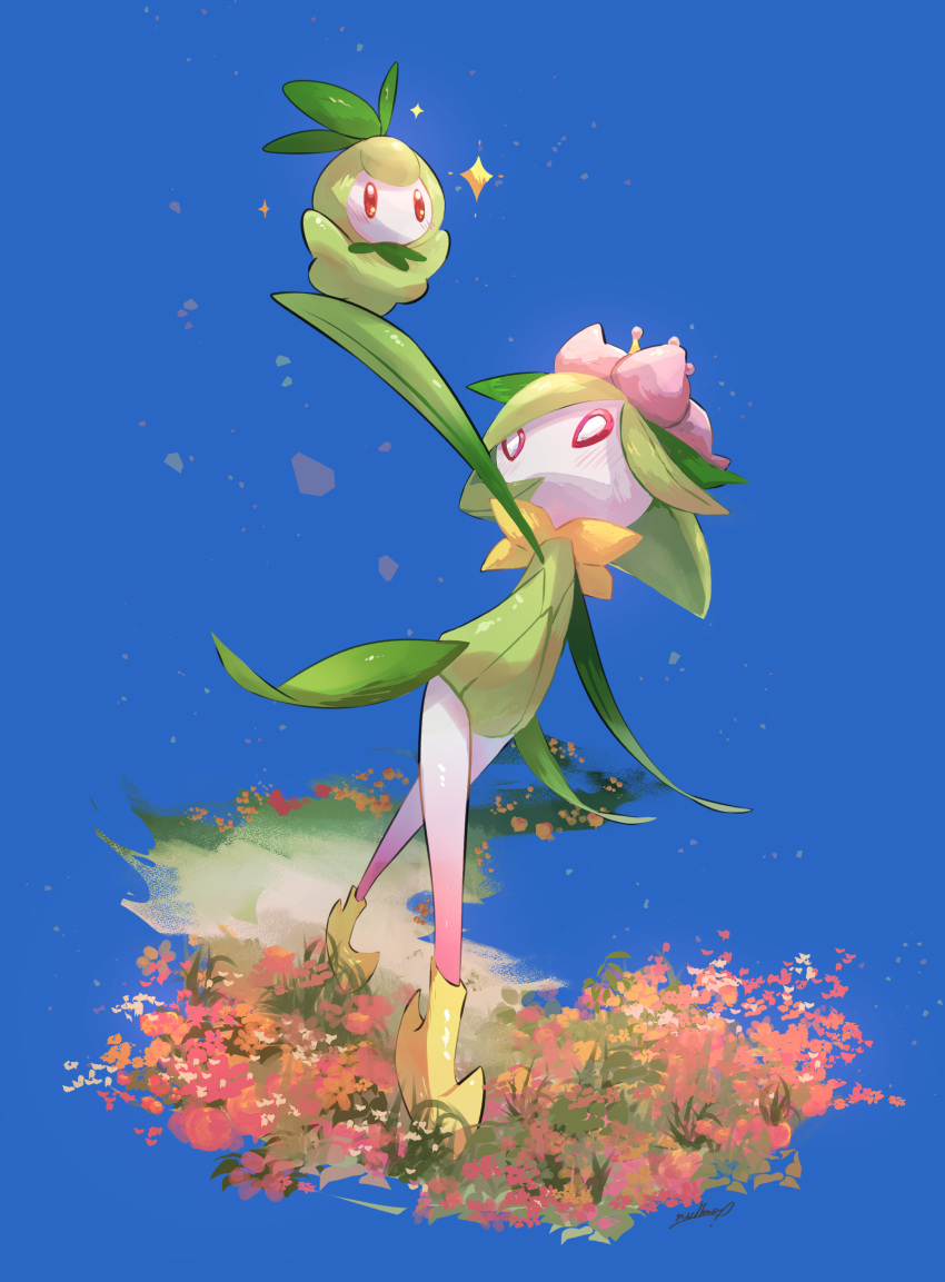 absurdres arm_up artist_name blue_background blush bright_pupils commentary_request flower full_body grass highres hisuian_lilligant holding holding_pokemon looking_up no_humans nullma petilil pink_eyes pink_flower pokemon pokemon_(creature) red_eyes signature simple_background sparkle standing white_pupils
