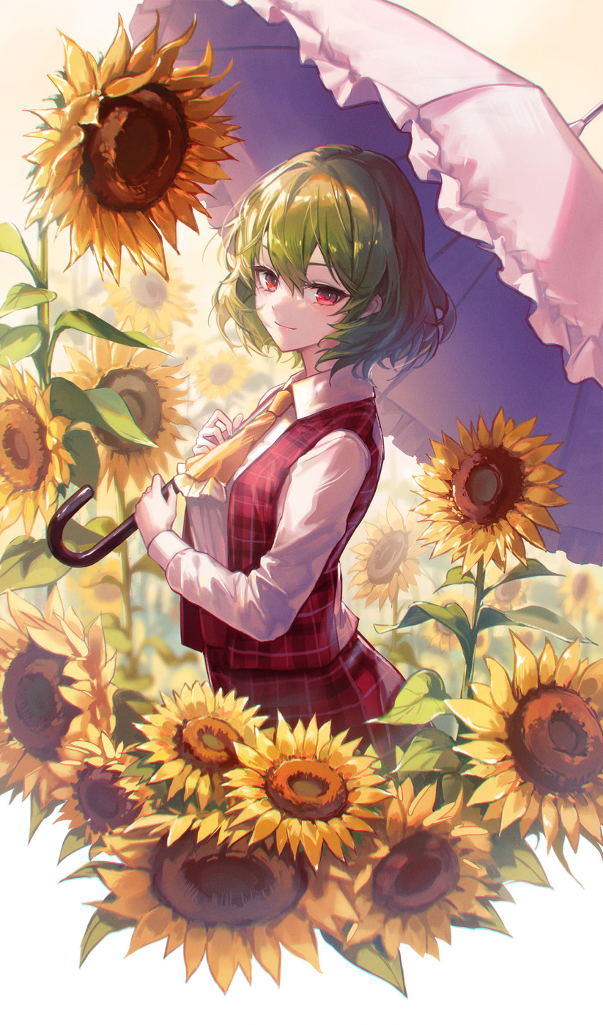 1girl commentary flower green_hair highres holding jacket kazami_yuuka kyusoukyu long_sleeves looking_at_viewer looking_back neckerchief parasol plaid plaid_jacket plaid_skirt red_eyes red_jacket red_skirt shirt short_hair skirt smile solo sunflower touhou umbrella white_background white_shirt yellow_neckerchief