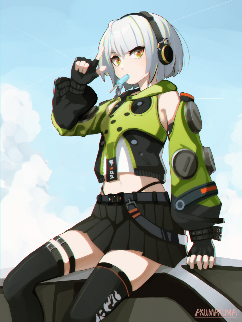 1girl absurdres anby_demara artist_name bangs bare_shoulders black_gloves black_skirt black_thighhighs blue_sky clouds cloudy_sky fingerless_gloves food food_in_mouth gloves green_jacket headphones highres jacket looking_at_viewer navel orange_eyes outdoors popsicle popsicle_in_mouth pureakuma short_hair skirt sky solo stomach thigh-highs white_hair zenless_zone_zero