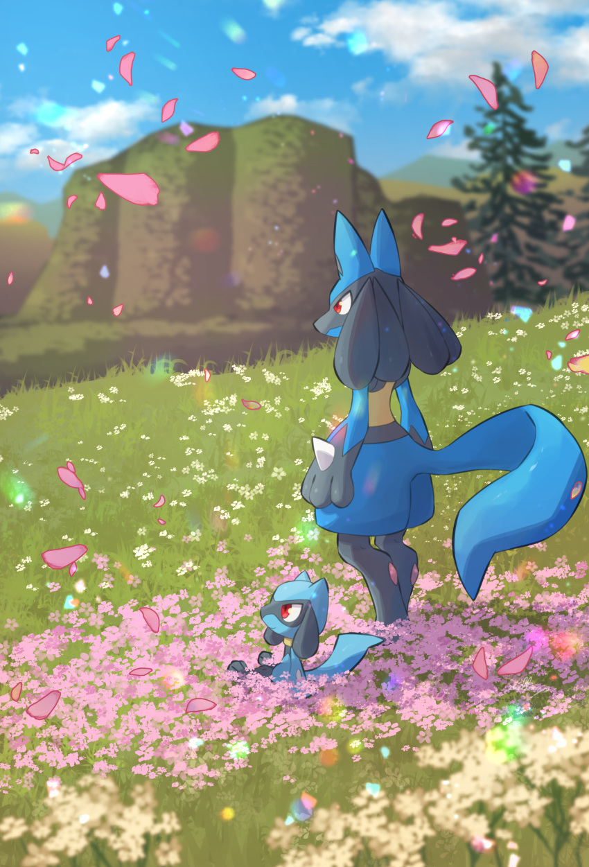 absurdres artist_name blue_sky blurry blurry_background closed_mouth clouds commentary_request day evolutionary_line falling_petals flower grass highres light_particles lucario mountain mountainous_horizon no_humans nullma on_grass outdoors petals pink_flower pokemon pokemon_(creature) red_eyes riolu scenery signature sitting sky smile spikes standing tree white_flower