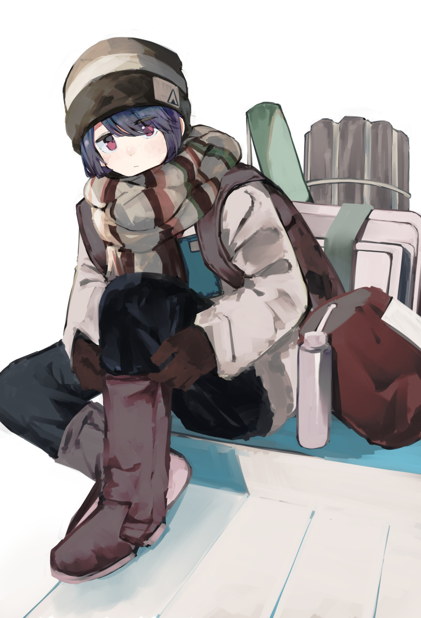 1girl absurdres backpack bag bangs beanie blue_hair boots bottle closed_mouth entrance folding_table gloves hair_over_one_eye hat highres jacket leadin_the_sky looking_at_viewer mattress multicolored_clothes multicolored_scarf pants putting_on_shoes scarf shima_rin sitting sleeping_bag solo table tent violet_eyes white_background wooden_floor yurucamp