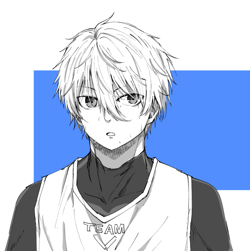 1boy bangs blue_background blue_lock character_request commentary_request covered_collarbone greyscale_with_colored_background hair_between_eyes highres looking_at_viewer male_focus naegi_(naegidokoro) parted_lips shirt solo sportswear two-tone_background white_background