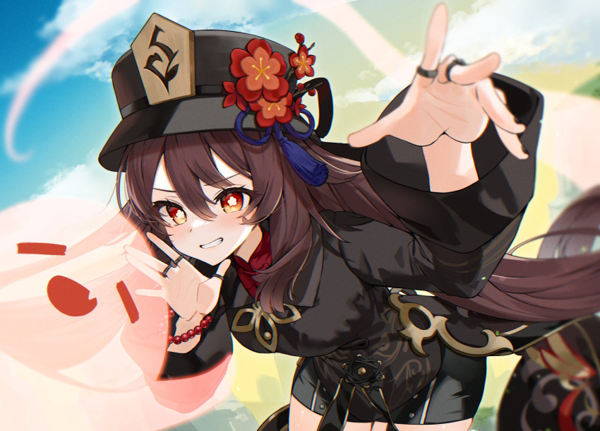 1girl bangs black_coat black_headwear black_nails black_shorts blue_ribbon blue_sky blush boo_tao_(genshin_impact) branch breasts brown_hair buttons chinese_clothes closed_eyes clouds cloudy_sky coat collared_coat commentary_request day fang fingernails flower flower-shaped_pupils flying genshin_impact ghost gotoh510 grass hair_between_eyes hands_up hat hat_flower hat_ornament hat_ribbon highres hu_tao_(genshin_impact) jewelry long_hair long_sleeves looking_at_viewer mandarin_collar medium_breasts nail_polish outdoors red_eyes red_flower red_shirt ribbon ring shirt shorts sidelocks sky smile solo standing symbol-shaped_pupils tassel tassel_hat_ornament teeth twintails v-shaped_eyebrows wide_sleeves wing_collar
