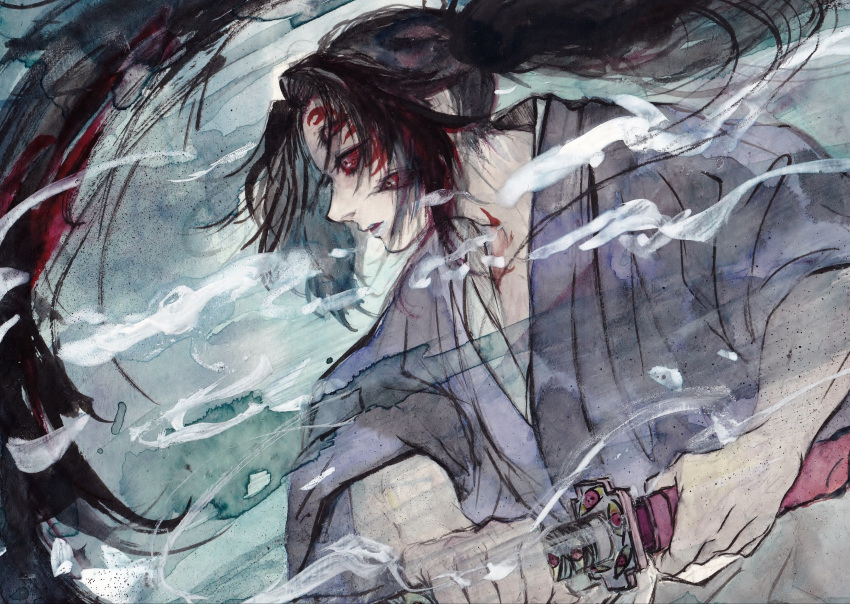 1boy black_hair colored_sclera commentary_request cpctbepfk4l2gax extra_eyes facial_mark fighting_stance floating_hair from_side highres japanese_clothes kimetsu_no_yaiba kimono kokushibou long_hair long_sleeves looking_away male_focus multicolored_hair painting_(medium) parted_lips profile ready_to_draw red_sclera redhead solo streaked_hair traditional_media upper_body visible_air watercolor_(medium)