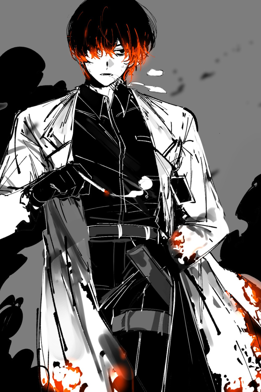 1boy black_eyes black_gloves black_hair black_pants black_shirt burnt_clothes cigarette coat collared_shirt commentary_request e.g.o_(project_moon) fiery_hair gloves grey_background highres isangjuuija korean_commentary limbus_company long_sleeves male_focus pants project_moon redhead shirt solo thigh_strap white_coat wing_collar yi-sang_(limbus_company)