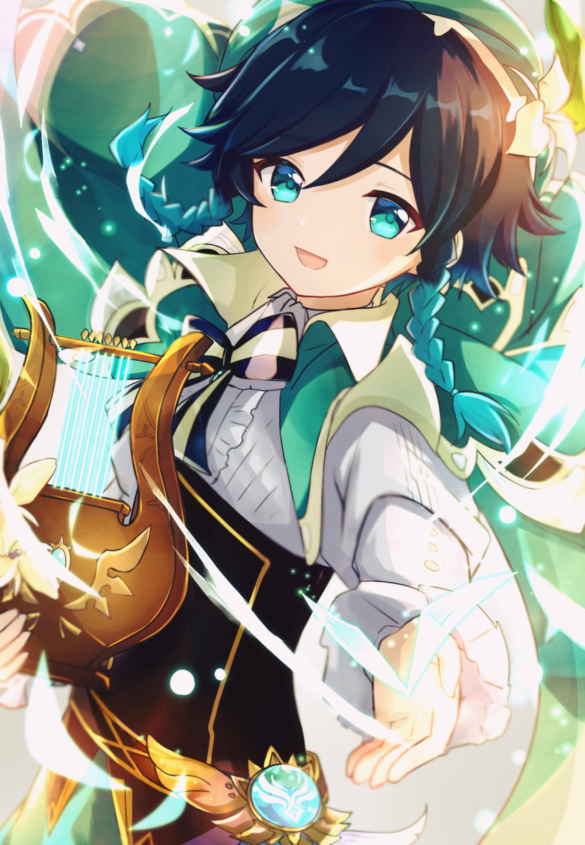 1boy bangs black_hair blue_eyes blue_hair braid cape collared_cape commentary corset frilled_sleeves frills genshin_impact gradient_hair green_cape green_shorts highres looking_at_viewer male_focus multicolored_hair open_mouth shirt short_hair_with_long_locks shorts smile solo twin_braids user_uhjn2434 venti_(genshin_impact) vision_(genshin_impact) white_shirt