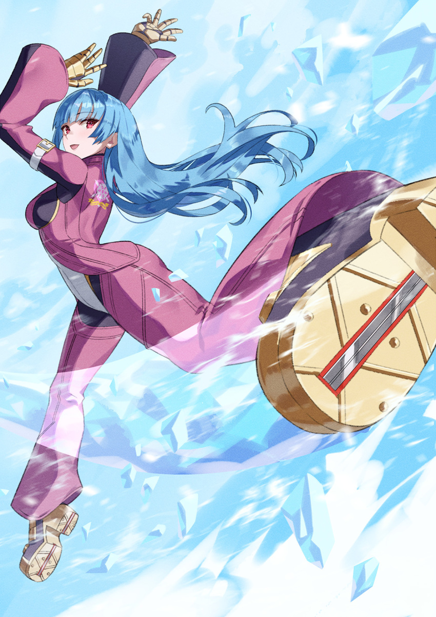 bangs belt blue_hair bodysuit breasts feet foot_focus full_body gloves highres ice kula_diamond long_hair looking_at_viewer motion_blur small_breasts smile the_king_of_fighters yagi2013