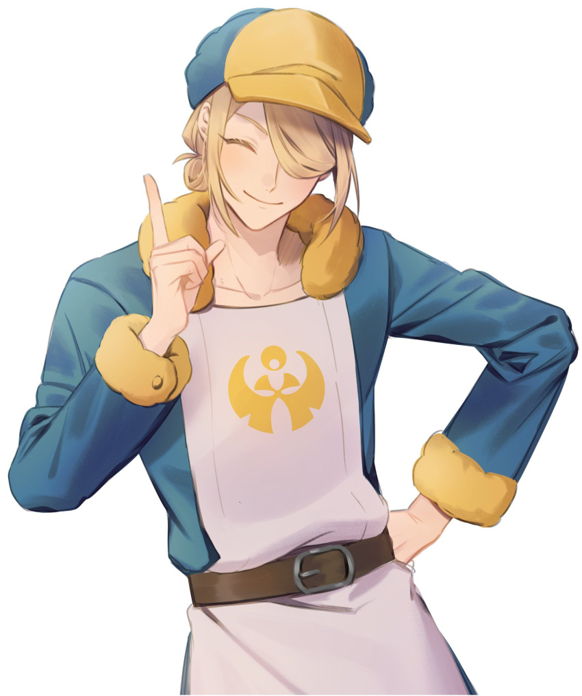 1boy ^_^ apron bangs belt belt_buckle blonde_hair blue_headwear blue_jumpsuit blush brown_belt buckle closed_eyes closed_mouth collarbone commentary_request eyelashes fur-trimmed_jumpsuit fur-trimmed_sleeves fur_trim ginkgo_guild_uniform hair_bun hair_over_one_eye hand_on_hip hand_up haru_(harupkmn4) hat highres index_finger_raised jumpsuit long_sleeves male_focus one_eye_covered parted_bangs pokemon pokemon_(game) pokemon_legends:_arceus sidelocks simple_background single_hair_bun smile solo standing swept_bangs two-tone_headwear volo_(pokemon) white_apron white_background yellow_headwear