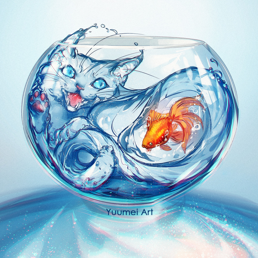 animal animal_ear_fluff artist_name blue_background blue_eyes cat commentary english_commentary fangs fish fishbowl goldfish gradient_background highres open_mouth original water white_background yuumei