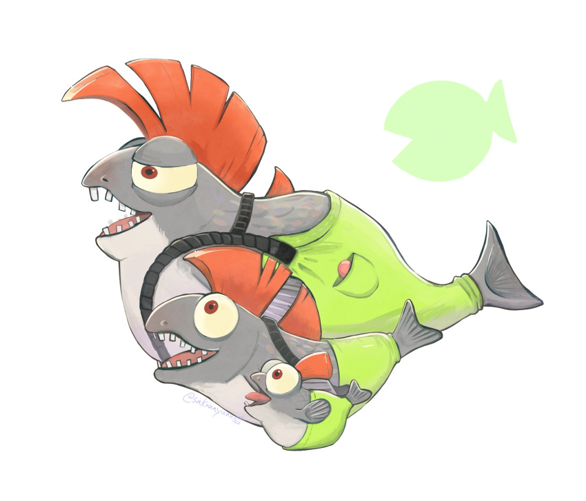artist_name ayan_(ayan_00o) chum_(splatoon) cohock_(splatoon) colored_sclera commentary_request fish full_body green_overalls highres mohawk no_humans open_mouth overalls pocket profile red_eyes redhead salmon_run_(splatoon) salmonid signature simple_background smallfry_(splatoon) smile splatoon_(series) splatoon_3 teeth tongue twitter_username white_background yellow_sclera