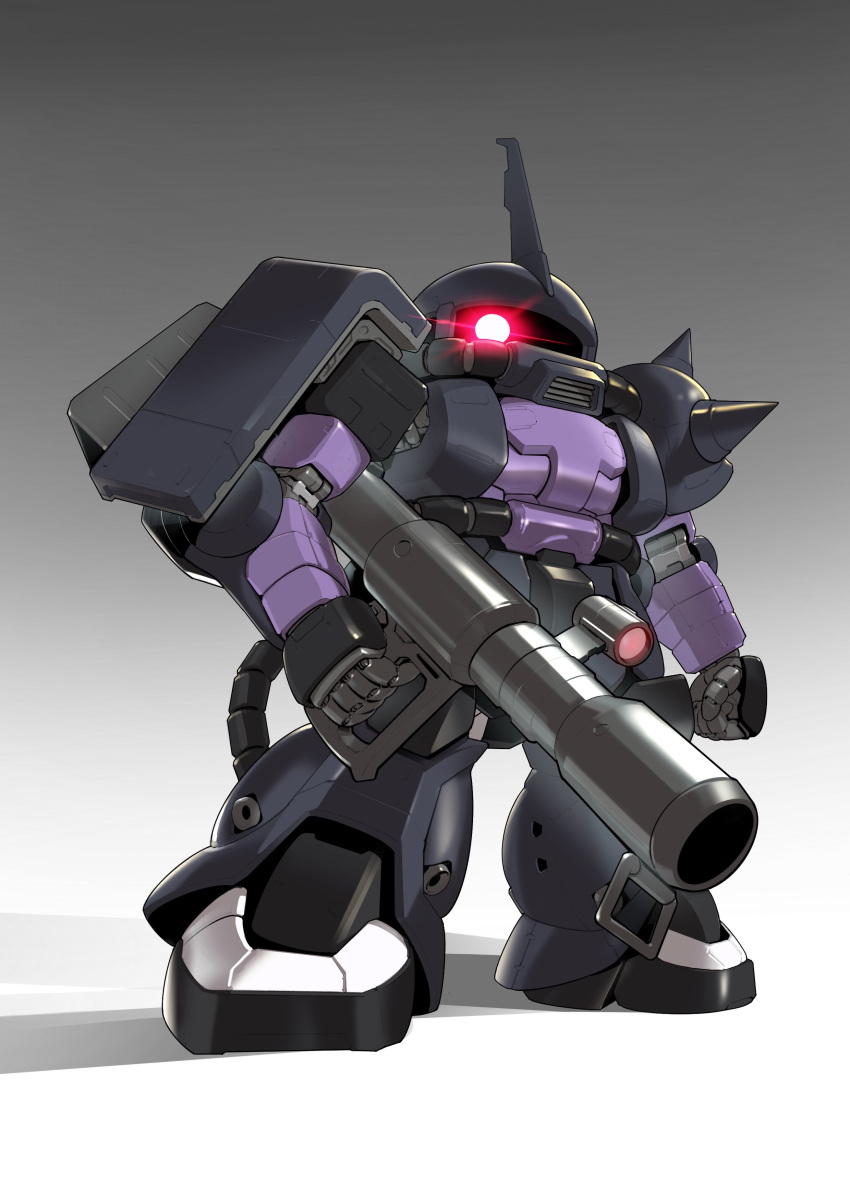 absurdres bazooka_(gundam) chibi clenched_hand glowing glowing_eye gradient_background gundam highres holding holding_weapon horns looking_at_viewer mecha mobile_suit mobile_suit_gundam no_humans one-eyed red_eyes robot science_fiction sd_gundam shadow single_horn solo standing weapon zaku_ii_hmt_black_tri-stars_custom zakuma