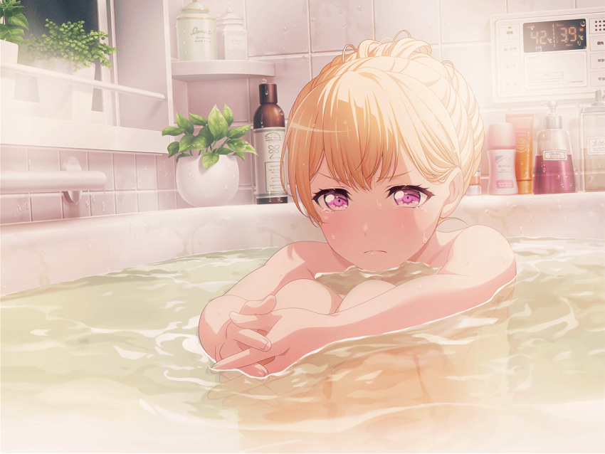 bang_dream! blonde_hair blush long_hair official_art onsen pink_eyes shirasagi_chisato