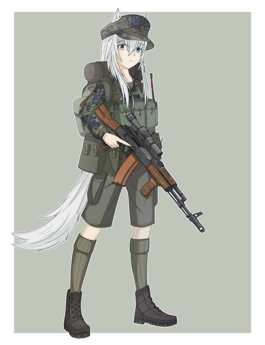 1girl absurdres ak-74 animal_ears assault_rifle backpack bag bangs blue_eyes border bundeswehr camouflage chest_rig fox_ears fox_girl fox_tail german_flag green_background gun highres kalashnikov_rifle liemiao707 long_hair looking_at_viewer military military_uniform original rifle scope solo tail trigger_discipline uniform weapon white_border white_hair