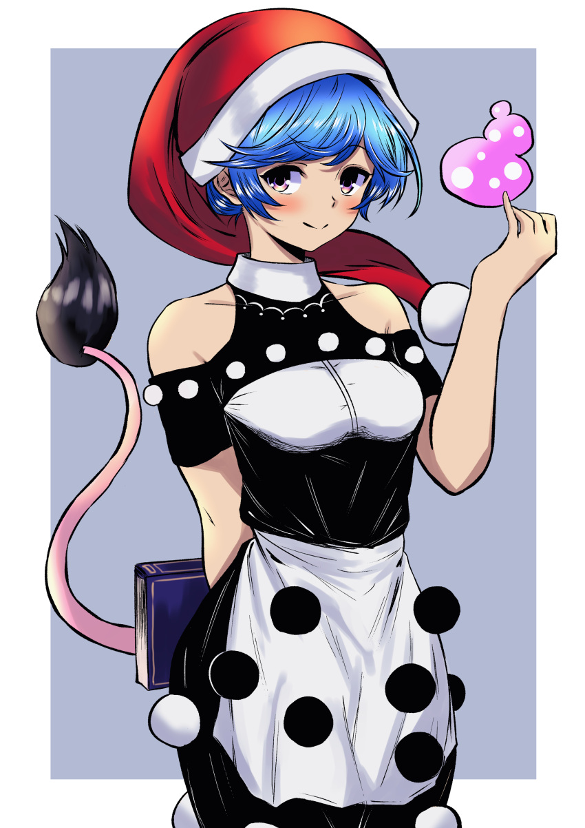 1girl absurdres bangs bare_shoulders blue_hair book closed_mouth doremy_sweet dream_soul grey_background hat highres holding holding_book looking_at_viewer nightcap pom_pom_(clothes) red_eyes red_headwear sen_(daydream_53) short_hair solo tail tapir_tail touhou upper_body white_background