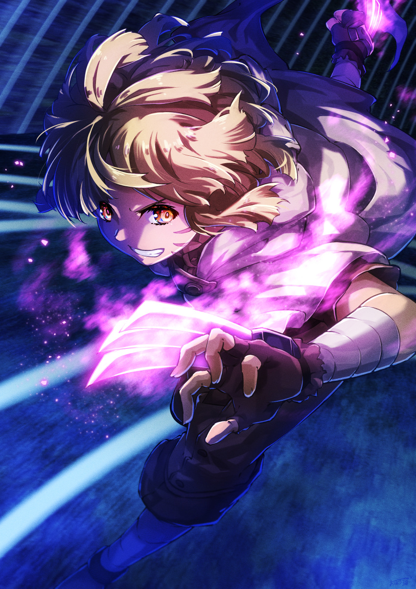 1girl absurdres argo_the_rat bangs black_gloves blonde_hair brown_eyes brown_hair commentary_request fighting_stance fingerless_gloves gloves glowing highres looking_at_viewer oboro_neko open_mouth shirt short_hair smile solo sword_art_online teeth weapon yellow_eyes