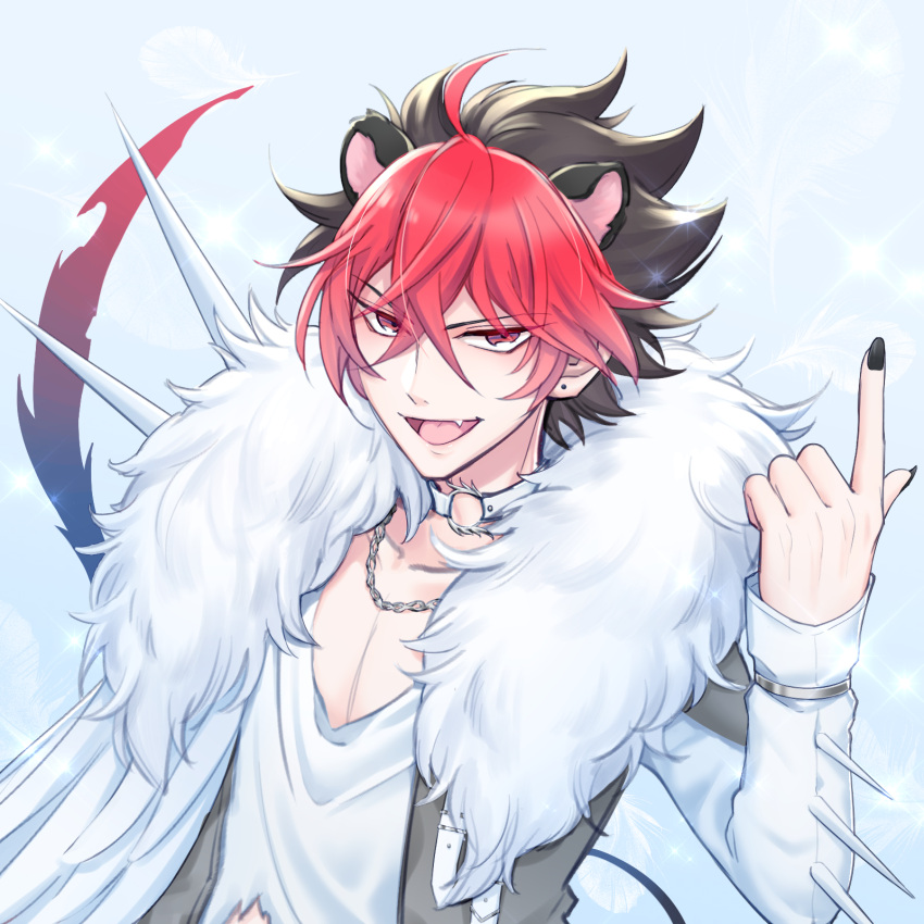 1boy animal_ears black_hair black_nails brown_eyes choker crow_(show_by_rock!!) fur-trimmed_jacket fur_trim hedgehog_boy hedgehog_ears highres jacket long_sleeves looking_at_viewer male_focus mel6969 open_mouth redhead short_hair show_by_rock!! solo spiked_sleeves
