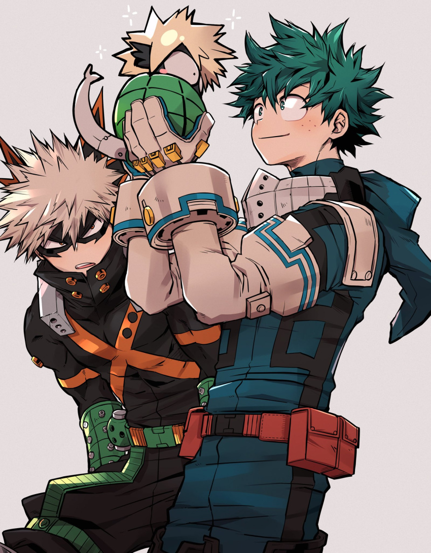 2boys alternate_eye_color aqua_bodysuit aqua_gloves baggy_pants bakugou_katsuki bangs belt belt_pouch black_mask black_pants blonde_hair blush boku_no_hero_academia bright_pupils chiyaya covered_abs curly_hair dynamy_(boku_no_hero_academia) explosive eye_mask freckles gloves green_eyes green_hair grenade hair_between_eyes hands_up happy headgear high_collar highres leaning_forward looking_at_another male_focus midoriya_izuku multiple_boys open_mouth orange_eyes pac-man_eyes pants pouch red_belt sanpaku short_hair simple_background single_horizontal_stripe slouching smile spiky_hair teeth toned toned_male upper_teeth_only utility_belt white_gloves white_pupils wrist_guards x