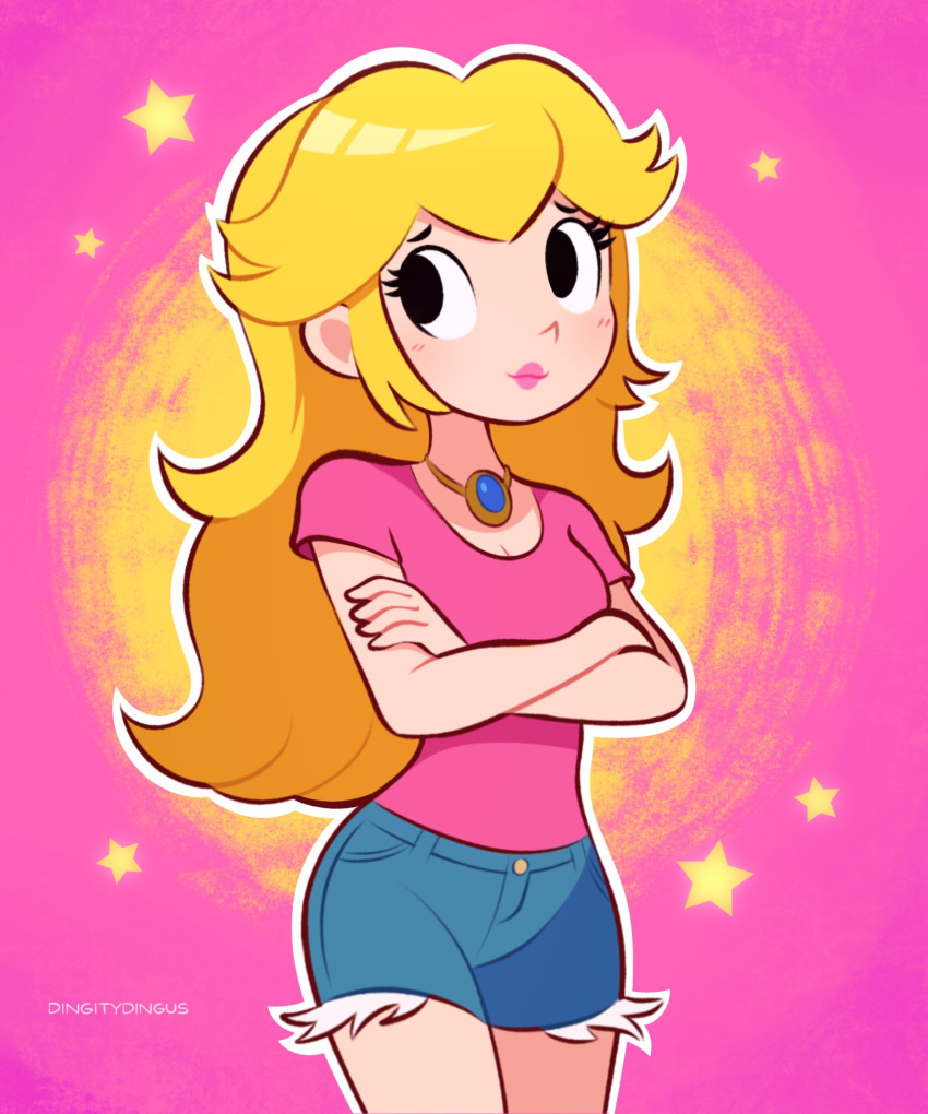 1girl blonde_hair crossed_arms highres jewelry long_hair necklace pink_background pink_lips pink_shirt princess_peach shirt short_shorts shorts simple_background star_(symbol) super_mario_bros. two-tone_background vinny_(dingitydingus) watermark yellow_background