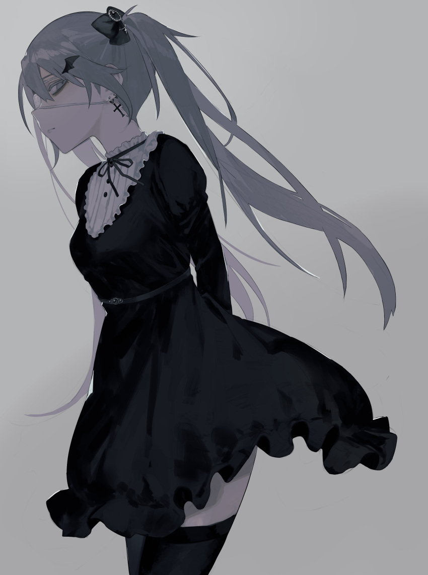 1girl absurdres arms_behind_back bat_wings black_bow black_dress black_ribbon black_thighhighs bow cross cross_earrings dress ear_piercing earrings eyepatch frilled_dress frills grey_eyes hair_bow hair_ornament hairclip highres jewelry medical_eyepatch neck_ribbon nia_(x_x02) original piercing ribbon simple_background solo thigh-highs twintails wings