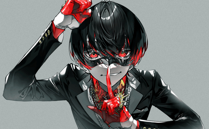 1boy absurdres bangs black_hair black_jacket brass_knuckles chogakusei clenched_hand collared_shirt domino_mask finger_to_mouth formal gloves grey_background half_gloves hand_gesture hands_up highres jacket jewelry looking_at_viewer mask multicolored_hair mura_karuki music necklace necktie open_mouth original pearl_necklace portrait print_necktie red_eyes red_gloves red_shirt shirt short_hair smirk studded_gloves studded_mask suit tuxedo two-tone_hair utaite_(singer) very_short_hair weapon