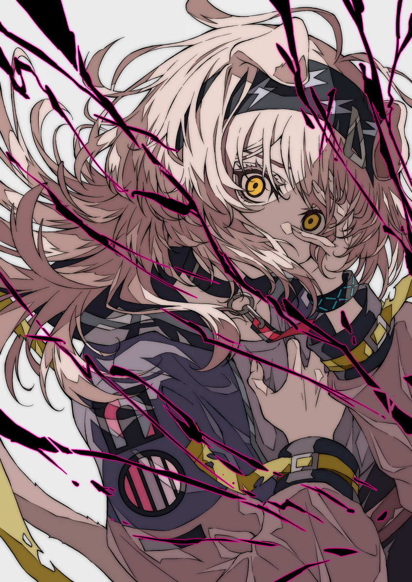 1girl absurdres animal_ears arknights black_collar black_hairband bracelet cat_ears collar covered_mouth electricity floppy_ears goldenglow_(arknights) hairband hand_on_own_chest hand_on_own_face highres infection_monitor_(arknights) jacket jewelry lightning_bolt_print long_hair long_sleeves looking_at_viewer multicolored_clothes multicolored_jacket open_clothes open_jacket pink_hair print_hairband purple_shirt shirt shokikanes simple_background solo two-tone_jacket upper_body yellow_eyes