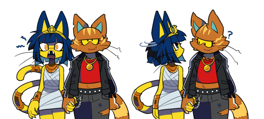 2girls ? animal_crossing animal_ears ankha_(animal_crossing) bangs black_jacket black_pants blue_hair blunt_bangs bob_cut cat_ears cat_tail closed_mouth colored_sclera egyptian_clothes fangs furry furry_female hair_ornament highres holding_hands jacket katt_(animal_crossing) looking_at_viewer loveycloud multiple_girls pants ringed_eyes simple_background smile snake_hair_ornament tail whiskers white_background yellow_eyes yellow_sclera yuri