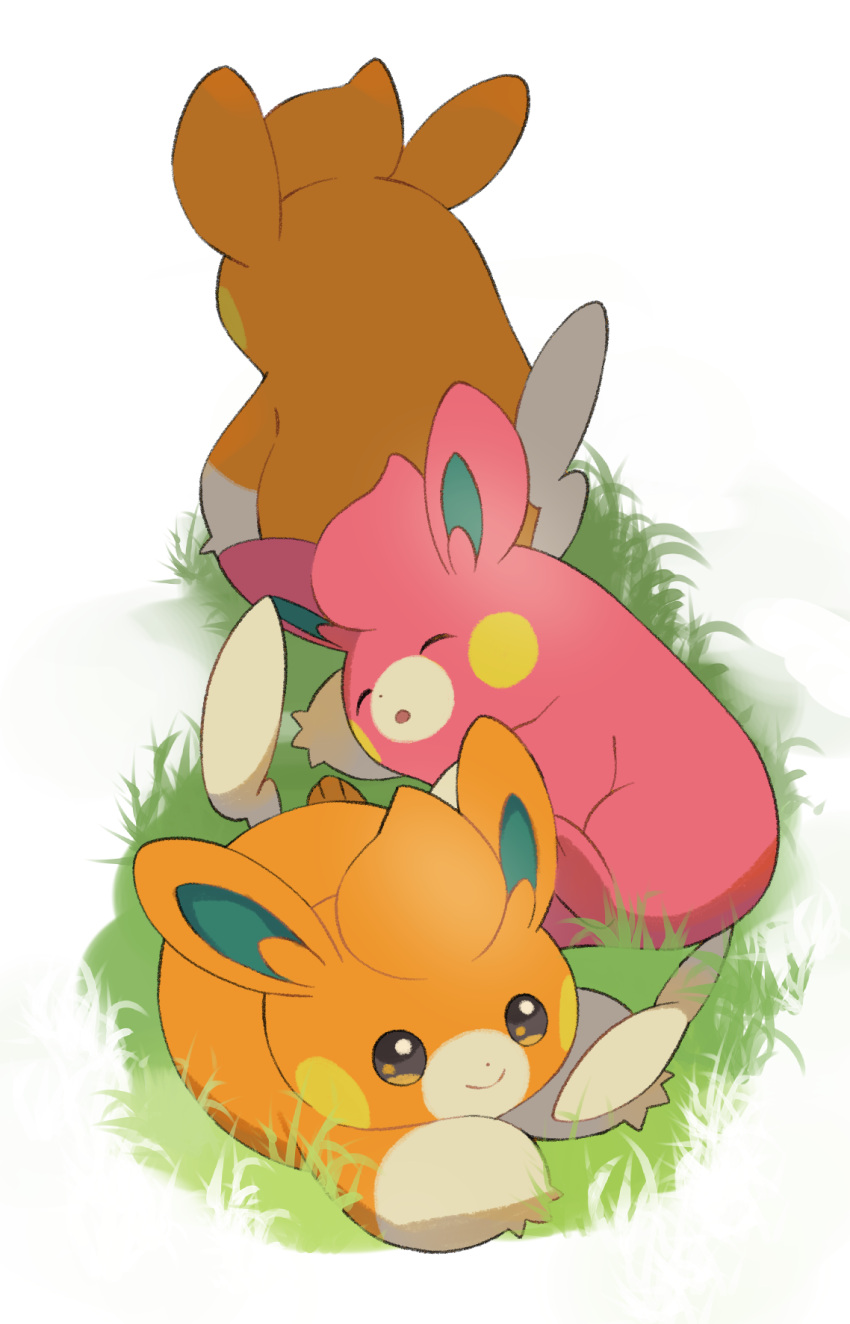 :o alternate_color brown_eyes closed_eyes closed_mouth commentary_request facing_away full_body grass highres lying no_humans nullma on_grass on_side on_stomach open_mouth pawmi pokemon pokemon_(creature) shiny_pokemon simple_background sitting sleeping smile white_background