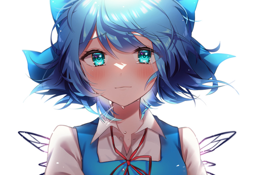 1girl absurdres aoyama_tenchou bangs blue_bow blue_eyes blue_hair blush bow cirno closed_mouth commentary_request fairy hair_bow highres ice ice_wings looking_at_viewer short_hair simple_background solo touhou upper_body white_background wings