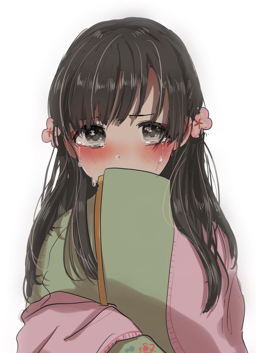 1girl bangs black_eyes black_hair blush cherry_blossoms covering_mouth crying crying_with_eyes_open flower green_kimono grey_eyes hair_over_shoulder highres idolmaster idolmaster_cinderella_girls japanese_clothes kimono kobayakawa_sae long_hair long_sleeves looking_at_viewer mugicha_(mugicha5060) pink_flower pink_kimono simple_background sleeves_past_fingers sleeves_past_wrists solo tareme tears two-tone_kimono upper_body upturned_eyes very_long_sleeves white_background wide_sleeves