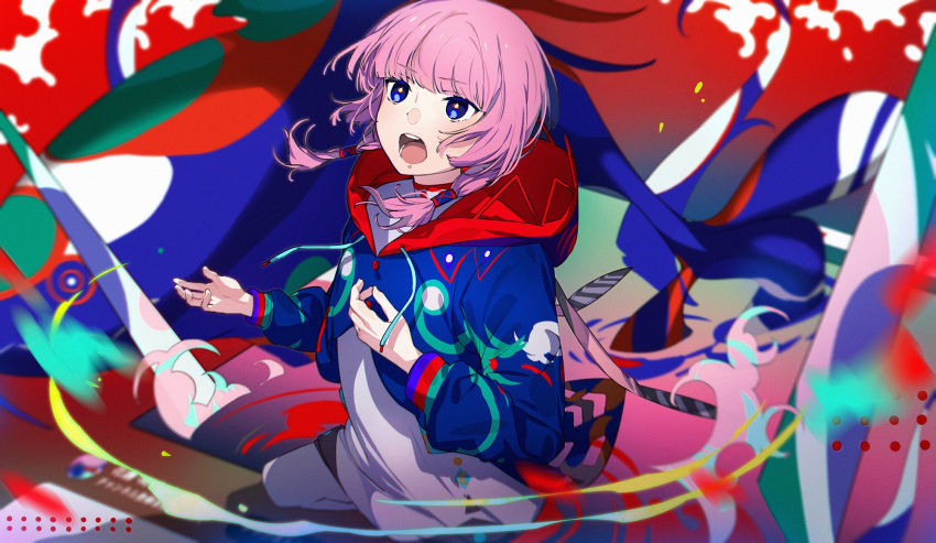 1girl abstract_background blue_eyes blue_jacket blush commentary_request dress hair_tubes hand_on_own_chest highres hood hood_down hooded_jacket jacket kaf_(kamitsubaki_studio) kamitsubaki_studio long_hair multicolored_clothes multicolored_eyes multicolored_jacket open_mouth pantyhose pink_hair solo sowichi teeth twintails upper_body virtual_youtuber wading water white_dress white_pantyhose yellow_pupils