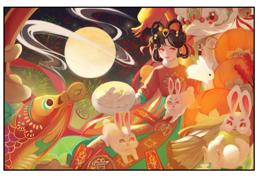 1girl animal_ears bcy_user67830hlyoz6 chinese_zodiac dumpling fireworks food full_moon glint hair_rings holding jiaozi long_hair looking_at_viewer moon original outdoors red_eyes smoke solo sparkle tanghulu year_of_the_rabbit