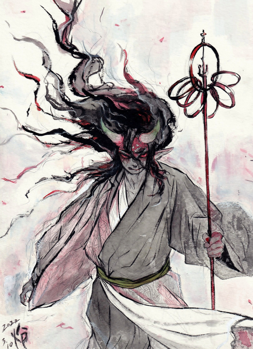 1boy absurdres angry black_hair closed_mouth cpctbepfk4l2gax dated demon_boy facial_mark fingernails floating_hair hair_between_eyes highres holding holding_staff horns japanese_clothes kimetsu_no_yaiba kimono long_fingernails long_hair long_sleeves looking_at_viewer multicolored_hair oni_horns partially_colored pointy_ears red_eyes redhead sekido_(kimetsu_no_yaiba) sharp_fingernails simple_background solo staff streaked_hair traditional_media wide_sleeves