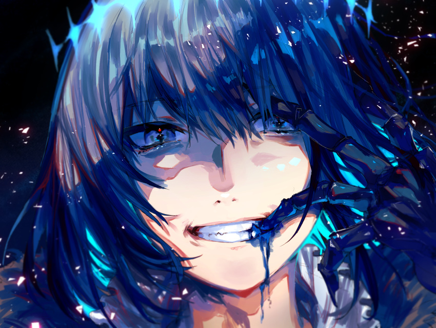 1boy bangs biting blood blood_from_mouth blue_background blue_blood blue_eyes blue_hair blue_theme chikichi clenched_teeth commentary_request fate/grand_order fate_(series) gradient_background hair_between_eyes halo hand_up highres light_particles looking_at_viewer male_focus oberon_(fate) oberon_(third_ascension)_(fate) partial_commentary portrait self_harm short_hair sidelocks simple_background skeletal_hand solo straight-on teeth